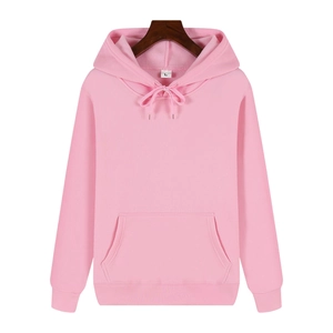 Detail of pink heavyweight fleece hoodie featuring kangaroo pocket and ribbed cuffs