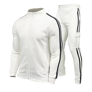 White men's two-piece tracksuit with zip-up jacket and matching joggers with black stripes