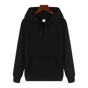 Detail view of a black heavy cotton hoodie with drawstring hood and L size neck label