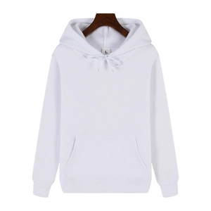 Detail of white heavyweight hoodie with front kangaroo pocket and drawstring hood