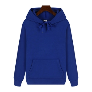 Detail of navy blue heavy fleece hoodie with adjustable drawstring and kangaroo pocket