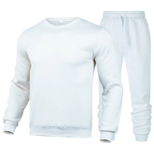 Detail of white crewneck sweatshirt and joggers set with ribbed cuffs on white background