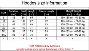 Detailed size chart for the hooded sweatshirt including shoulder, bust, and sleeve length