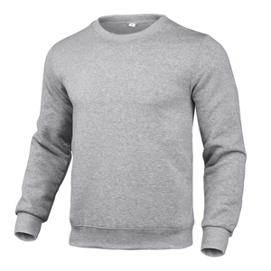 Detail shot of a grey crewneck sweatshirt showing the ribbed neckline and size L label