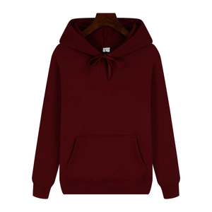 Detail of burgundy hooded sweatshirt featuring white size L neck tag and drawstring