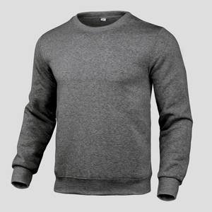 Detail view of heather grey crewneck sweatshirt rib collar and inner size label L