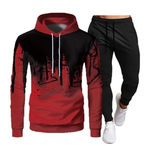 Men's two-piece tracksuit with red gradient hoodie and black joggers for athletic wear