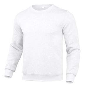 Detailed view of ribbed round neckline and sleeve cuffs on light grey casual sweatshirt