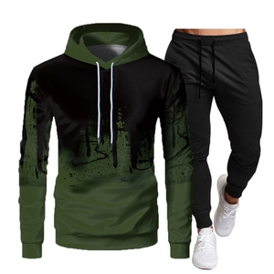 Men's casual hoodie set with black-green gradient ink print and black sweatpants