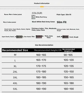 Detailed size chart for men's winter stand-collar jacket and trousers set with fit guide