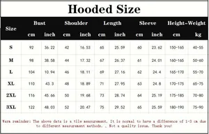 Detailed size chart for men's hooded slim fit sweatshirt from size S to 3XL with measurements