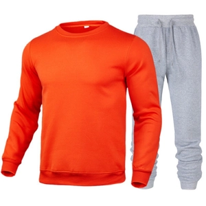 Men's two-piece sports set featuring an orange sweatshirt and light grey drawstring joggers