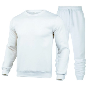 Men's white long sleeve crewneck sweatshirt and drawstring joggers sports tracksuit set