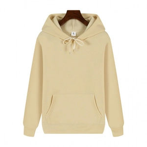 Heavyweight apricot hoodie with drawstring hood and kangaroo pocket shown on a hanger