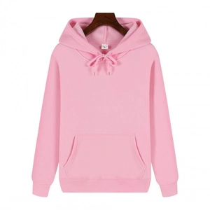 Pink heavy fleece hoodie with front kangaroo pocket and adjustable drawstrings on a hanger