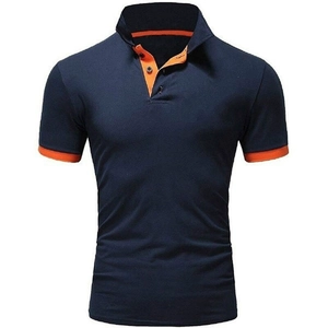 Men's slim fit navy blue polo shirt with orange contrast trim on collar and sleeves
