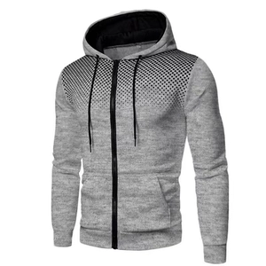 Détail d'un sweat à capuche gris pour hommes avec imprimé dégradé et fermeture éclair