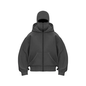 Men's dark gray 250g heavyweight hoodie with integrated balaclava mask and full zip