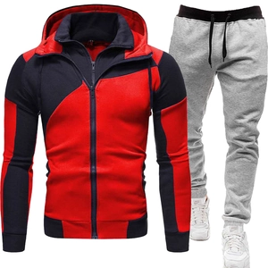 Men's slim fit two-piece tracksuit with red navy color block hoodie and grey joggers