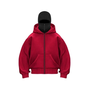Detail of dark red heavy oversized zip hoodie with black balaclava hood and fleece texture