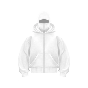 Detail of white full-zip hoodie featuring an integrated balaclava mask and kangaroo pocket