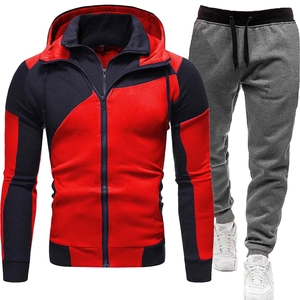 Men's slim fit hooded tracksuit set featuring a red and navy blue contrast zip-up jacket
