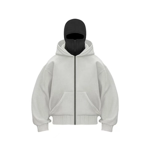 Detail view of high-quality grey hoodie with integrated black face mask and kangaroo pocket