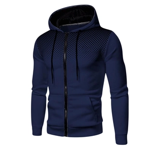 Détail du sweat à capuche bleu marine avec points dégradés noirs et fermeture éclair