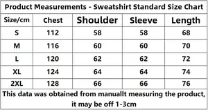 Size chart for full zip hooded sweatshirt showing measurements from S to 2XL in centimeters
