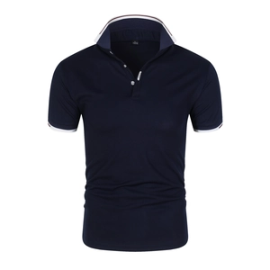 Detail of navy blue polo shirt collar with red and white stripes and classic lettering