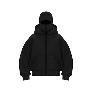 Detail of black full-zip hoodie with integrated balaclava hood and ribbed cuffs