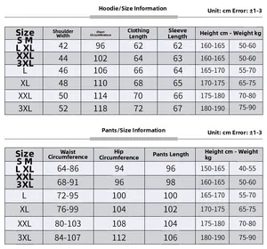 Comprehensive size chart for men fleece hoodie and pants set showing detailed measurements