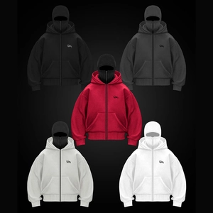 Detail view of the unique balaclava hood design on a street style zip-up hoodie