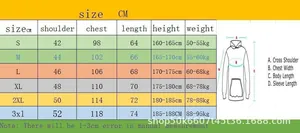 Detailed size chart for heart print hoodie set with body measurements in centimeters