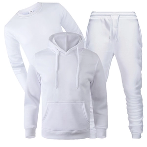 Three-piece set of white fleece hoodie, crewneck sweatshirt and joggers for casual sport