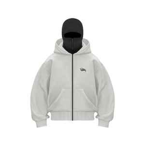 Close-up of light grey zip-up hoodie featuring a unique double hood and black mask detail