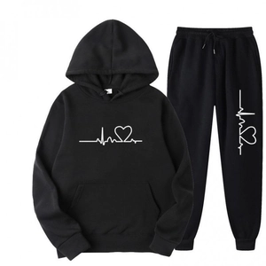 Fashion Heartbeat Heart Print Hoodie And Sweatpants Sportswear Tracksuit Set Warm Fleece Casual Outfit Top And Bottom