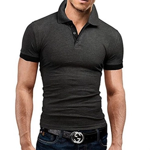 Slim fit charcoal grey short sleeve polo shirt for men with black ribbed sleeve cuffs
