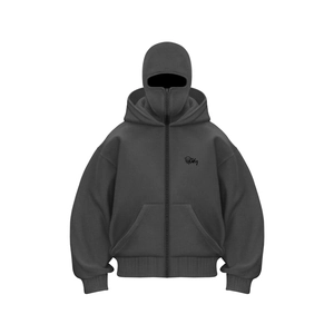 Detail of street style hoodie featuring built-in balaclava mask and chest graphic