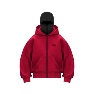 Detail view of red zip-up hoodie with black balaclava headwear and chest logo