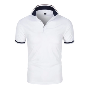 Close-up of white polo shirt collar with navy blue trim and red white striped details