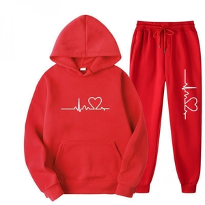 Red hooded tracksuit set with white heart line print for casual street style wear