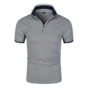 Detail of grey knit Polo shirt neckline with navy, white, and red striped trim