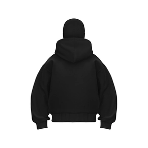 Detailed view of the double-layered hood design and thick knit texture on a black hoodie