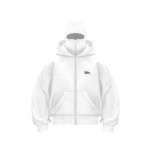 Detail of white balaclava hood sweatshirt featuring unique integrated face mask design