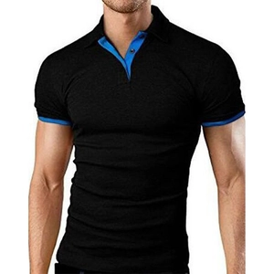 Slim fit black men's Polo shirt with blue contrast trim on collar and sleeves