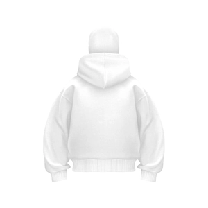 Back view of a white minimalist hoodie featuring unique double-hood design and ribbed hems