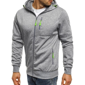 Veste à capuche gris clair pour hommes avec zip, accents vert fluo et cordon serrage