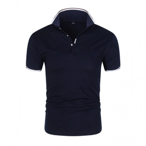 Navy blue short sleeve men's polo shirt with striped collar and classic sport style