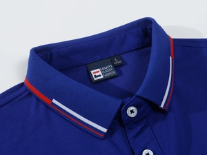 Detailed close-up of blue polo shirt ribbed collar with red and white decorative stripes